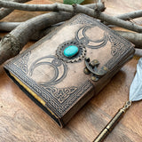 A5 Antique Triple Moon Goddess Leather Journal | 4 Stone Options
