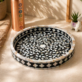 14" Black Mother of Pearl Boutique Floral Serving Tray - Round