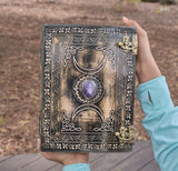 11" antique Triple Moon Goddess Leather Journal | 5 Stone Options