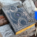 10" Black Triple Moon Goddess Leather Journal | 5 Stone Options