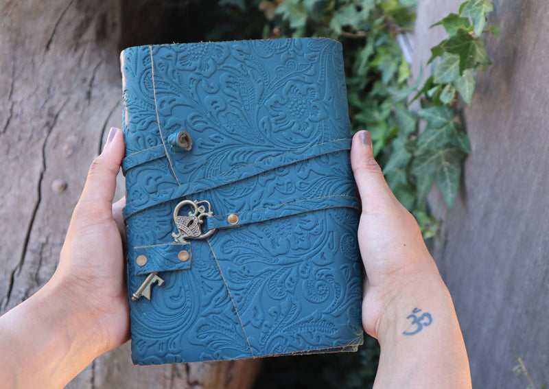 A5 Turquoise- Embossed Leather Journal | Key Floral Journal