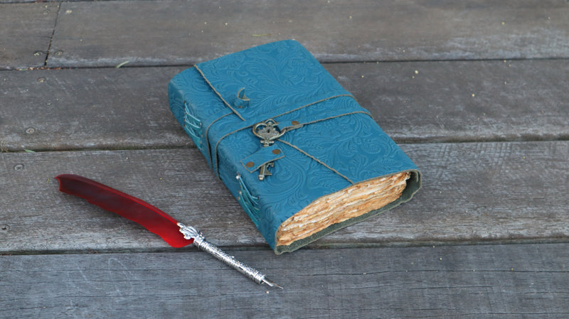 A5 Turquoise- Embossed Leather Journal | Key Floral Journal