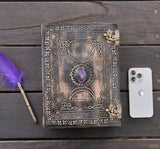 11" antique Triple Moon Goddess Leather Journal | 5 Stone Options