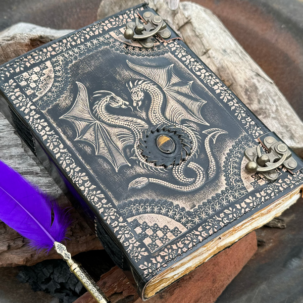 10" Large Double Dragon Leather Journal | 300 Pages