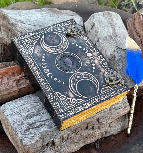 10" Black Triple Moon Goddess Leather Journal | 5 Stone Options