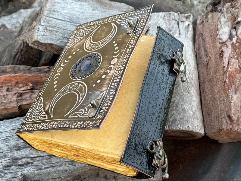 10" Black Triple Moon Goddess Leather Journal | 5 Stone Options