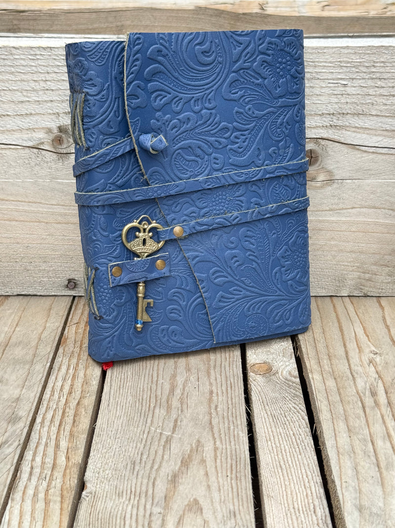 A5 Blue Floral - Embossed Leather Journal