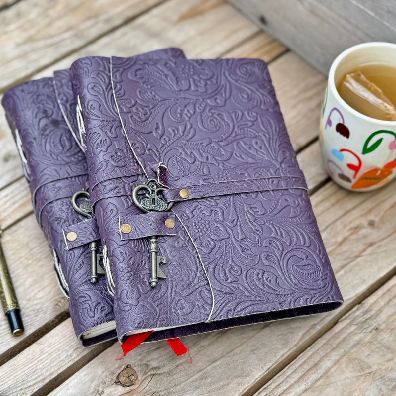 A5 Purple Floral - Embossed Leather Journal