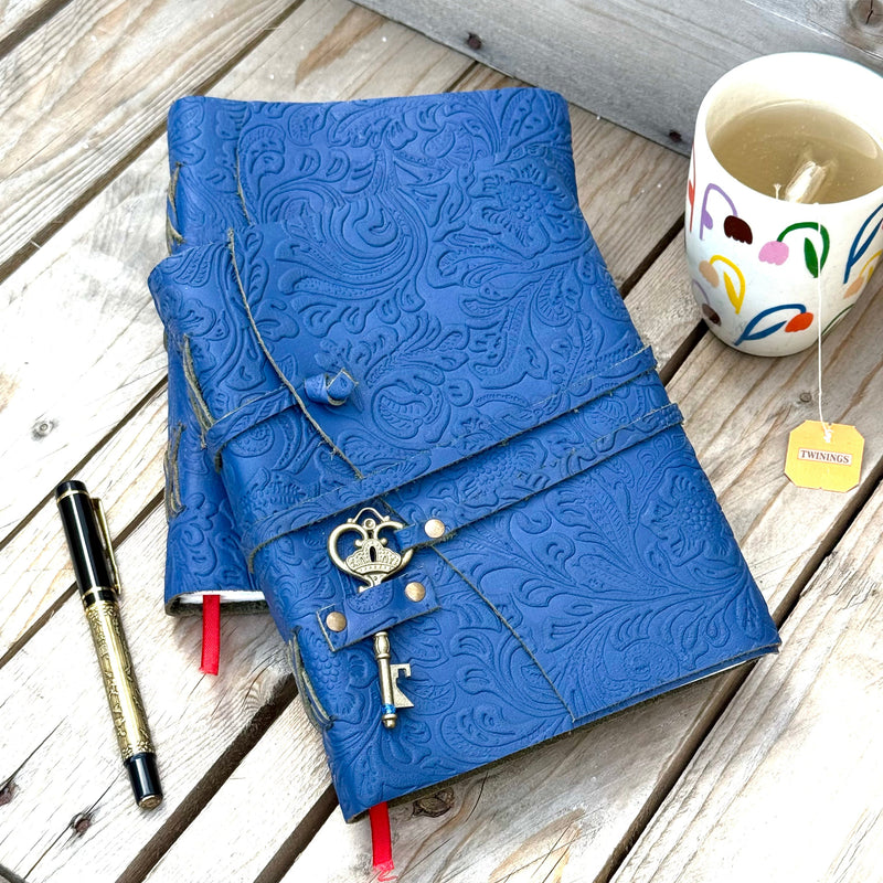 A5 Blue Floral - Embossed Leather Journal