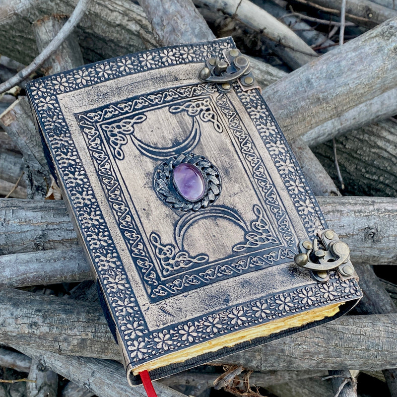 10" Antique Triple Moon Goddess Leather Journal | 4 Stone Options