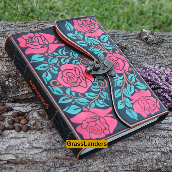 Rose and Leaves A5 Leather Journal | 4 Stone Options