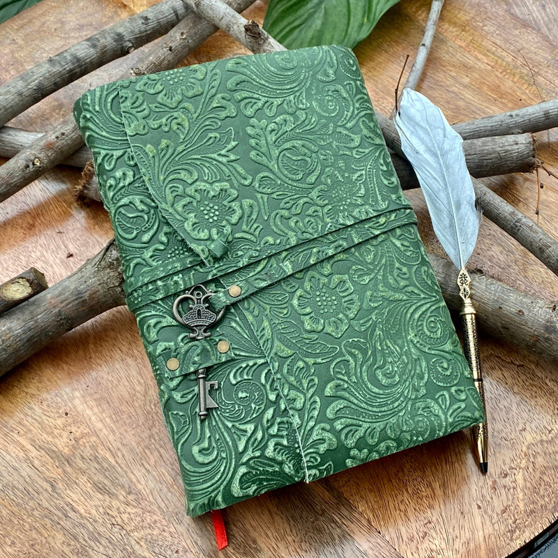 New 10" Green- Embossed Leather Journal