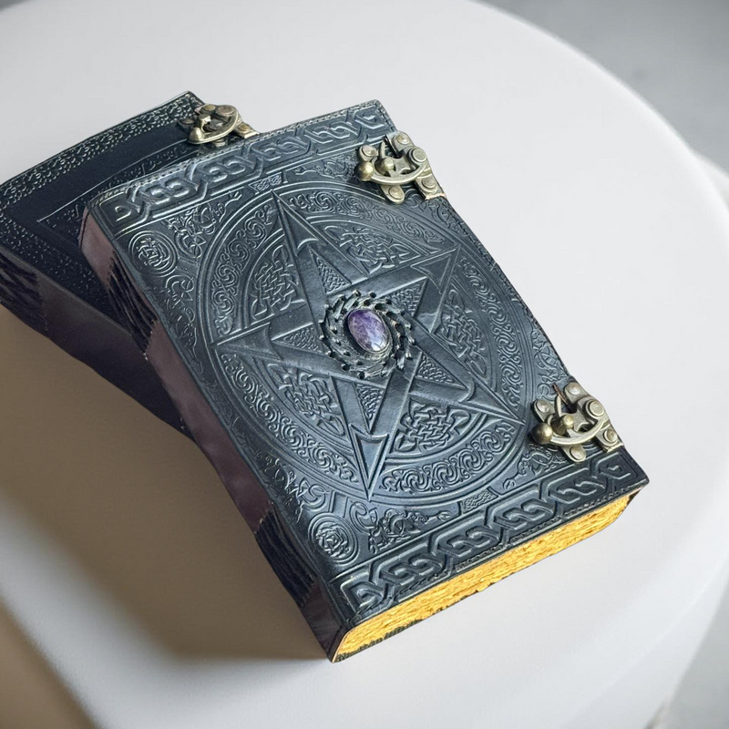 Decorative book with star design and purple gem on a white surface

