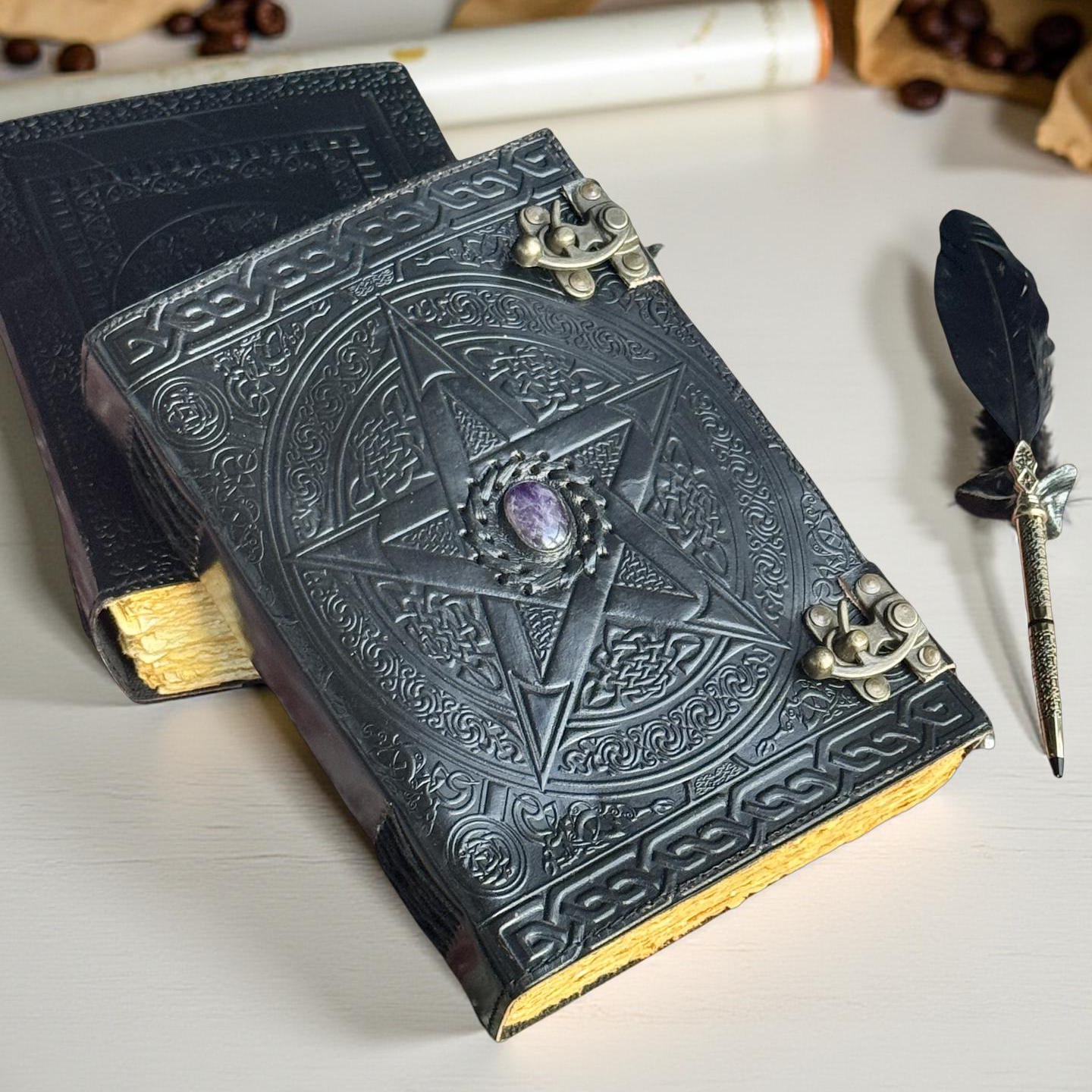 Black 10"x7" Fat Pentagram Leather Journal | 280 Vintage Pages (New ...