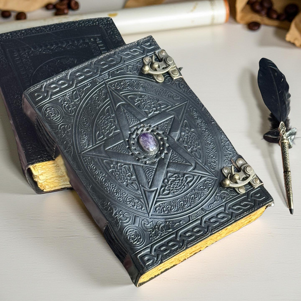 Black 10"x7" Fat Pentagram Leather Journal | 280 Vintage Pages (New)
