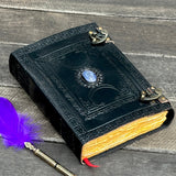 10" Black Triple Moon Goddess Leather Journal | 4 Stone Options