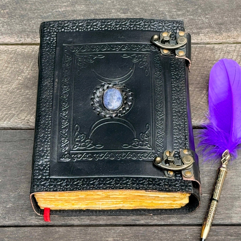 10" Black Triple Moon Goddess Leather Journal | 4 Stone Options