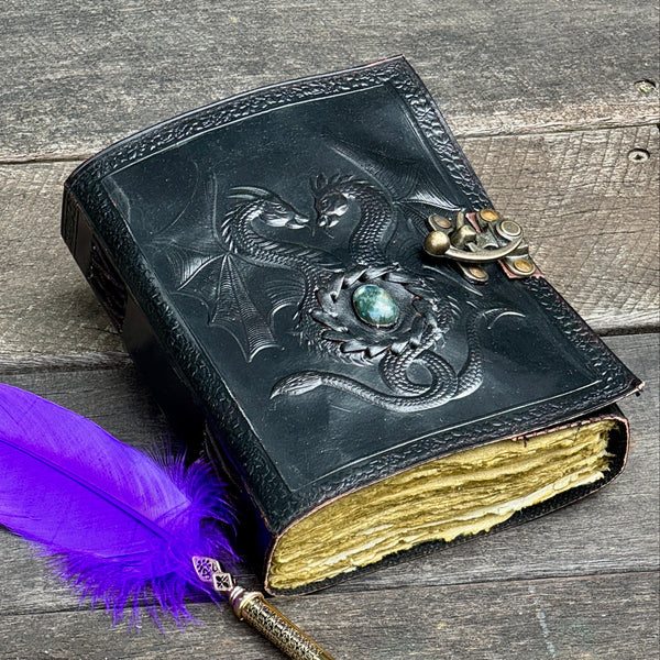Black Double Dragon Leather Journal | 5 Stone Choices