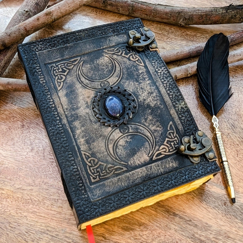 10" Black Triple Moon Goddess Leather Journal | 4 Stone Options