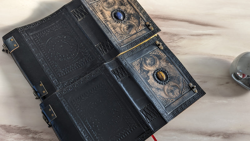 10" Black Triple Moon Goddess Leather Journal | 4 Stone Options