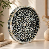 14" Black Mother of Pearl Boutique Floral Serving Tray - Round