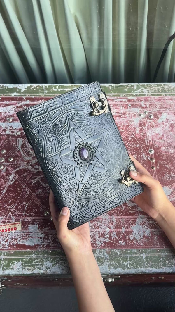 Black 10"x7" Fat Pentagram Leather Journal | 280 Vintage Pages (New)
