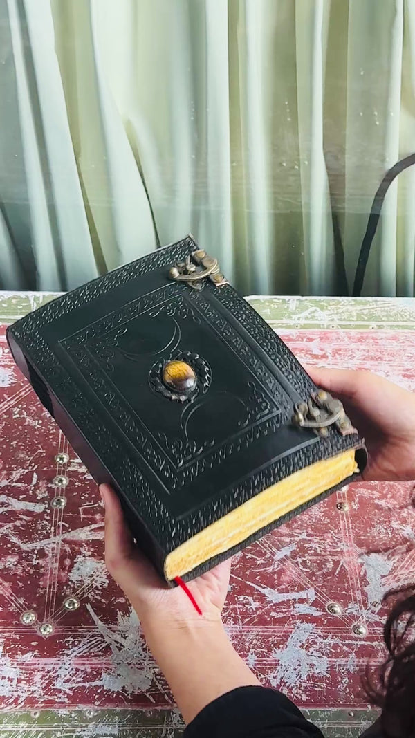 10" Black Triple Moon Goddess Leather Journal | 4 Stone Options