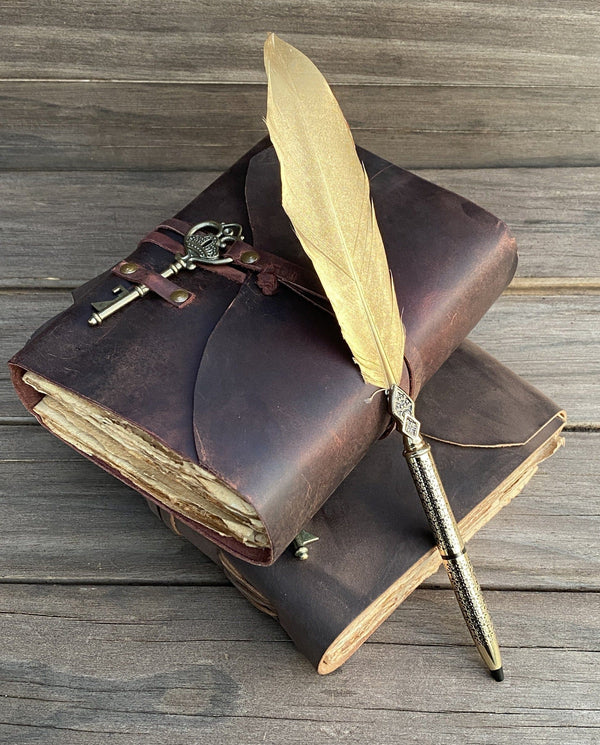 GrassLanders Leather Journal Golden Retractable Feather Pen | 7 Coloured Feathers